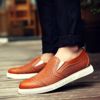 Genuine-leather Embossed Wingtip Loafers