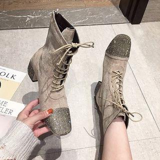 Rhinestone Lace Up Block Heel Short Boots