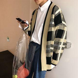 Gingham Open-front Knit Cardigan