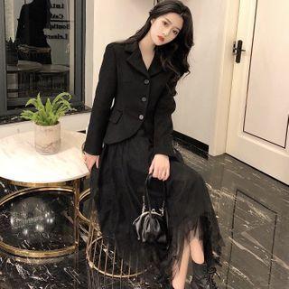Plain Blazer / Midi A-line Mesh Skirt
