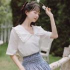 Elbow-sleeve Collared Blouse / Floral Print Midi A-line Skirt
