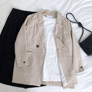 Plain Long-sleeve Blazer Khaki - One Size