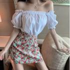 Off-shoulder Blouse / Floral Print A-line Skirt
