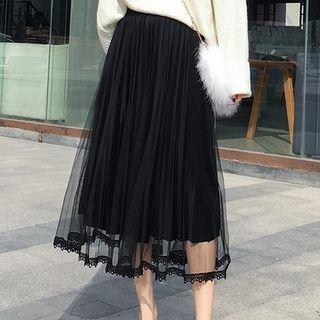 Mesh Overlay Accordion Pleat Midi Skirt