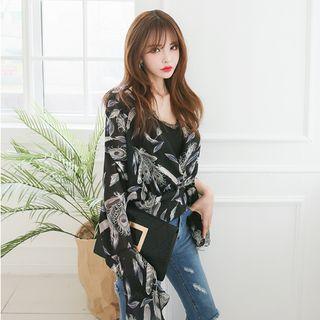 Ruffle-cuff Pattern Chiffon Wrap Blouse