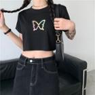 Reflective Butterfly Short-sleeve Cropped T-shirt Black - One Size