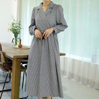 Notch-lapel Long Plaid Dress