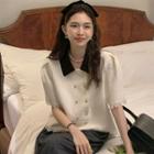 Short-sleeve Contrast Collar Blouse Off-white - One Size