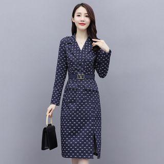 Long-sleeve Printed Collared Sheath Dress