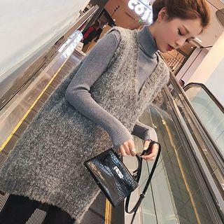 Set: Turtlneck Long-sleeve Knit Top + Knit Suspender Skirt