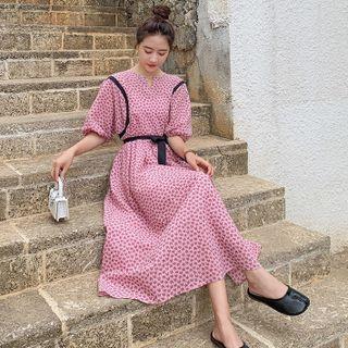 Puff Sleeve Open-placket Heart Print A-line Dress