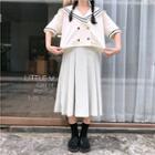 Short-sleeve Sailor Collar Top / Midi Pleated Skirt