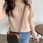 Collared Button-front Knit Top Beige - One Size