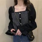 Tweed Panel Button-up Blouse Black - One Size