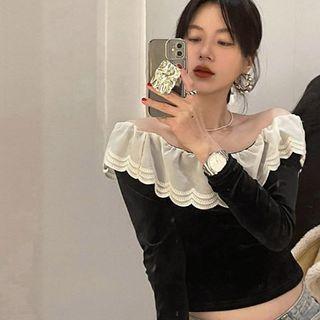 Long-sleeve Two Tone Top Black - One Size