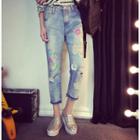 Cropped Ripped Printed Jeans