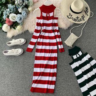 Cold-shoulder Color-block Stripe Knit Dress