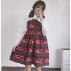 Printed Bow Accent Pinafore Dress / Bow Accent Shirt