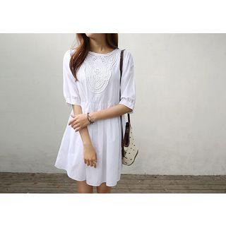 Elbow-sleeve Lace-trim A-line Dress