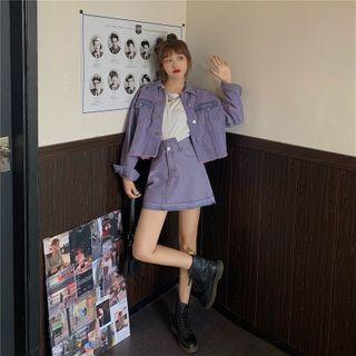 Set : Denim Long-sleeve Jacket + Denim A-line Skirt