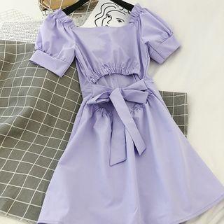Plain Cutout Puff-sleeve A-line Dress Purple - One Size