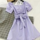 Plain Cutout Puff-sleeve A-line Dress Purple - One Size