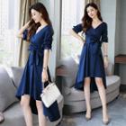 Short-sleeve Wrap High-low A-line Dress
