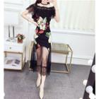 Set: Lace Panel Flower Print Short-sleeve Top + Mesh Panel Flower Print Midi Skirt