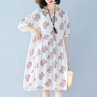 Cactus Elbow-sleeve A-line Dress