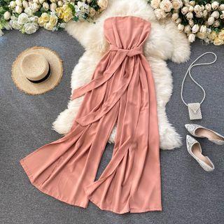Sleeveless Plain High-waist Loose-fit Jumpsuit
