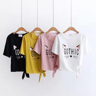 Short-sleeve Cat Print Cropped T-shirt