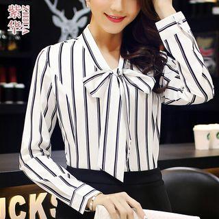 Striped Tie Neck Long Sleeve Chiffon Blouse