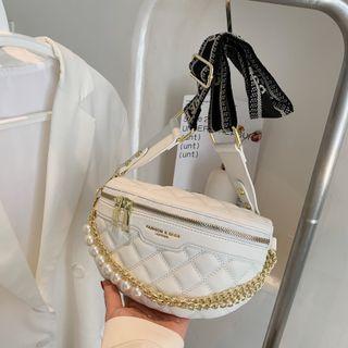 Faux Pearl Quilted Faux Leather Belt Bag
