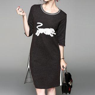Embroidered 3/4 Sleeve Long Sleeve Knit Dress