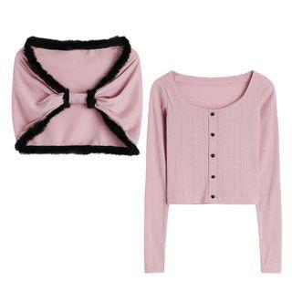 Set: Ribbed Knit Top + Fluffy Trim Cape