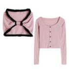 Set: Ribbed Knit Top + Fluffy Trim Cape