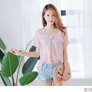 Short Sleeve Bow Neckline Striped Top