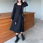 Square-neck Side-slit Midi Dress Black - One Size