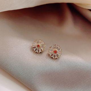 Rhinestone Flower Earring 1 Pair - Red Rhinstone - Silver - One Size