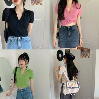 Short-sleeve V-neck Plain Cropped Polo-shirt