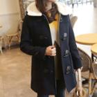Faux-fur Hooded Duffle Coat Navy Blue - One Size
