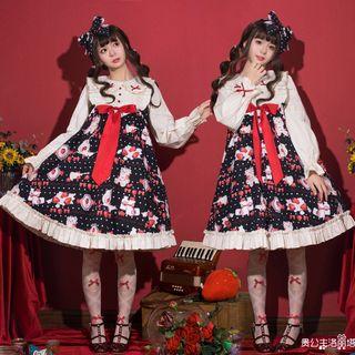Strawberry Print Ribbon Ruffled Long-sleeve A-line Dress