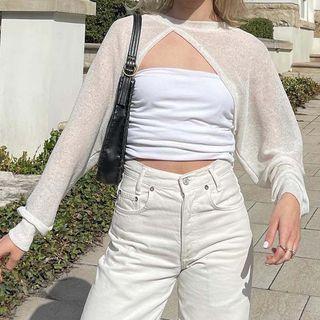 Long-sleeve Plain Knit Shrug Top