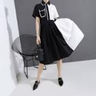 Color Block Short-sleeve Midi Shirt Dress As Shown In Figure - One Size