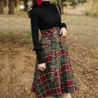 Set: Mock-neck Knit Top + High-waist Plaid Midi A-line Skirt