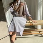 Set: V-neck Dip-back Vest + Stripe Shirtdress