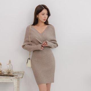 Dolman-sleeve Tube-hem Rib-knit Dress