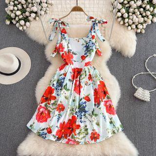 Bow Strap Floral Print A-line Dress