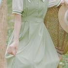 Elbow-sleeve Collar Layered Midi A-line Dress