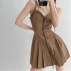 Zipper-front Pleated Mini Dress